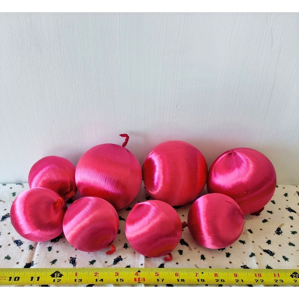 Vintage Lot of 8 PINK Satin Spun Silk Thread Christmas Ball Ornaments Japan